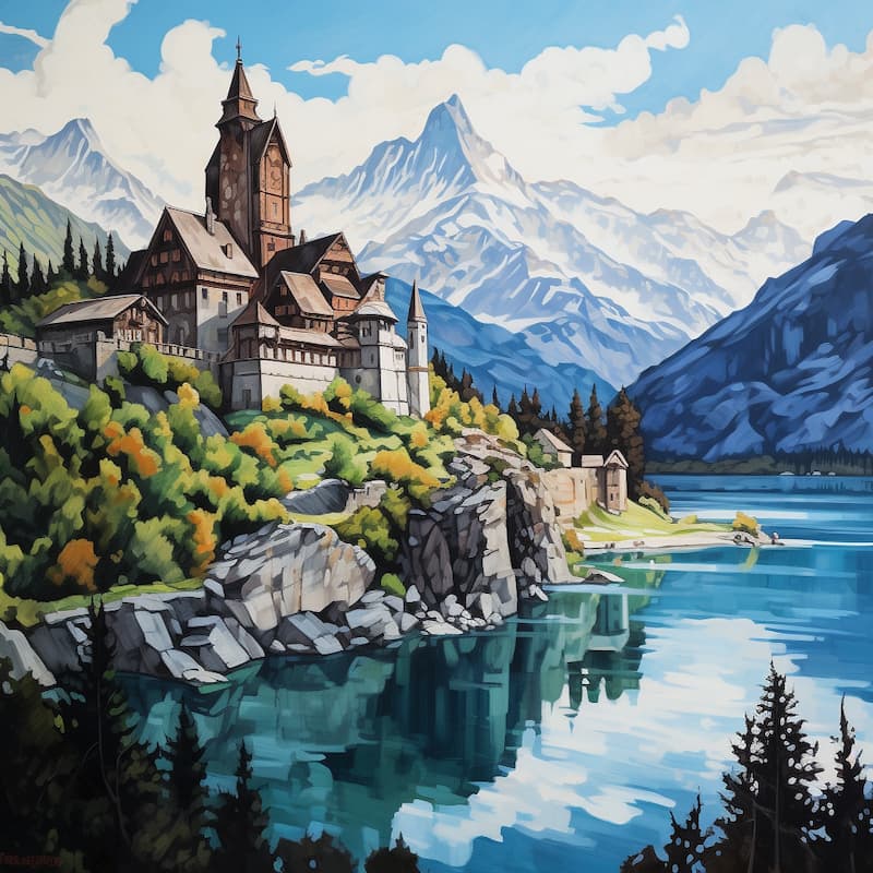 Paint by numbers kit of a castle on a cliff by a blue alpine lake with snowy mountains in the background.