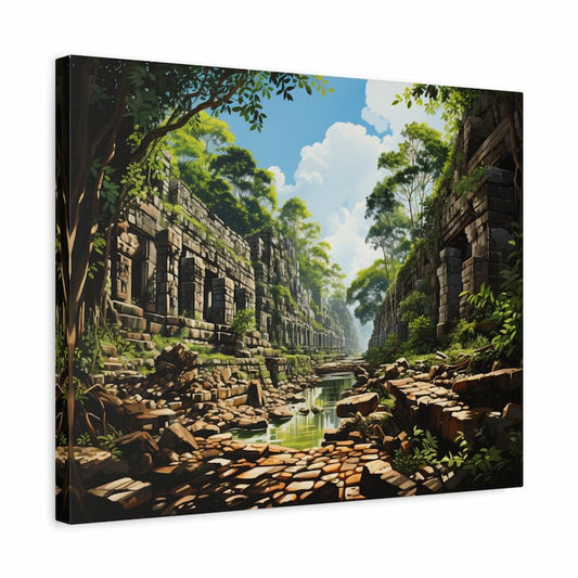 Paint by numbers kit of ancient stone ruins surrounded by lush greenery and sunlight, with a reflective waterway running through the scene shown in a frmae