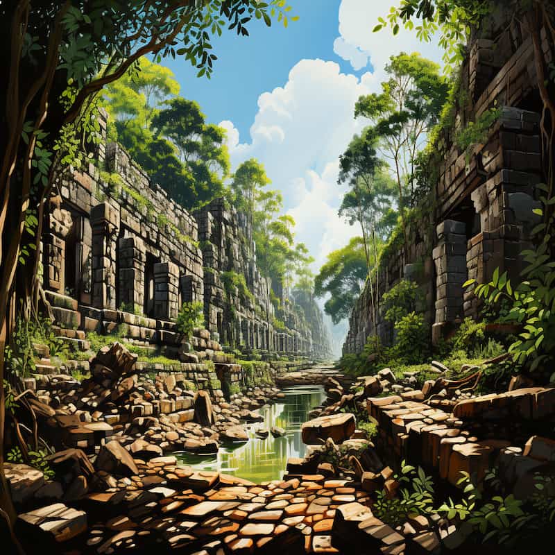 Paint by numbers kit of ancient stone ruins surrounded by lush greenery and sunlight, with a reflective waterway running through the scene.