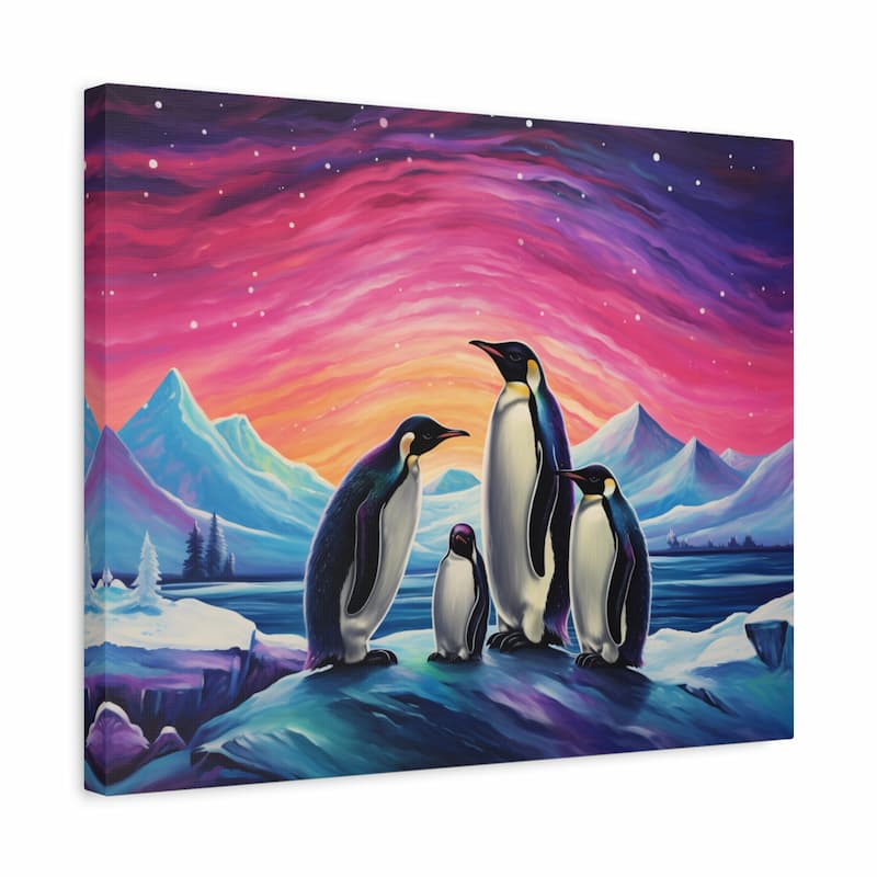 Paint by numbers artwork of emperor penguins on icy terrain under a vibrant aurora sky with pink, purple, and blue hues shown in a frame