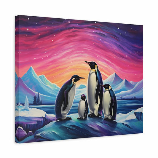 Paint by numbers artwork of emperor penguins on icy terrain under a vibrant aurora sky with pink, purple, and blue hues shown in a frame