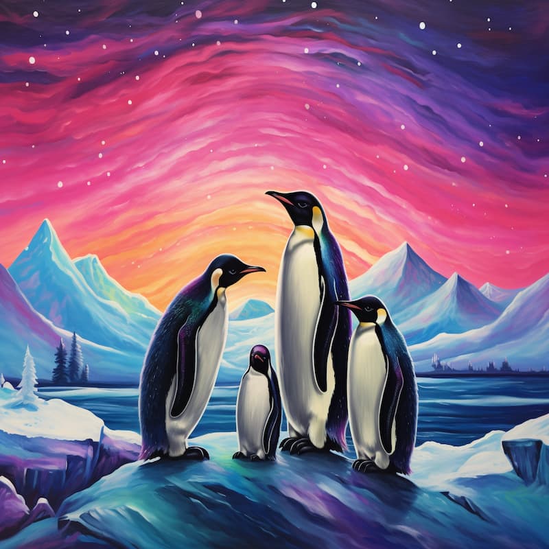 Paint by numbers artwork of emperor penguins on icy terrain under a vibrant aurora sky with pink, purple, and blue hues.