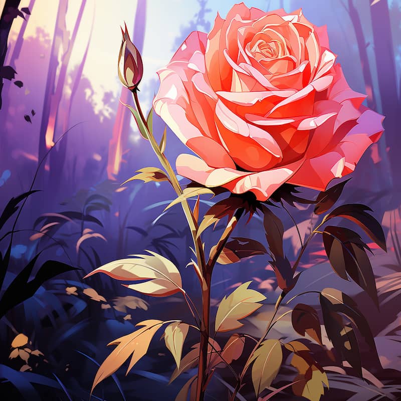 Paint by Numbers kit of a glowing pink rose in bloom with a rosebud, set against a dreamy purple forest background.