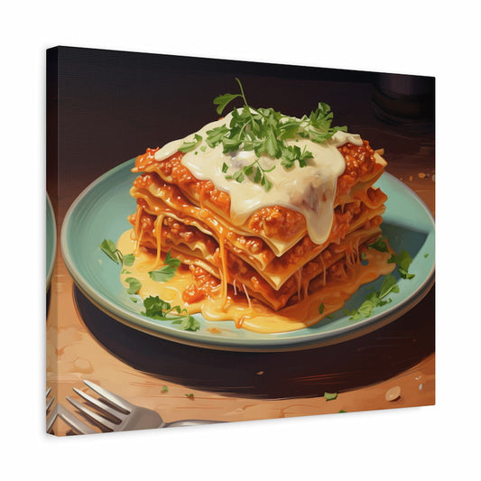 Paint by numbers kit of a cheesy lasagna stack with melted cheese, tomato sauce, and herbs on a plate shown in a frame