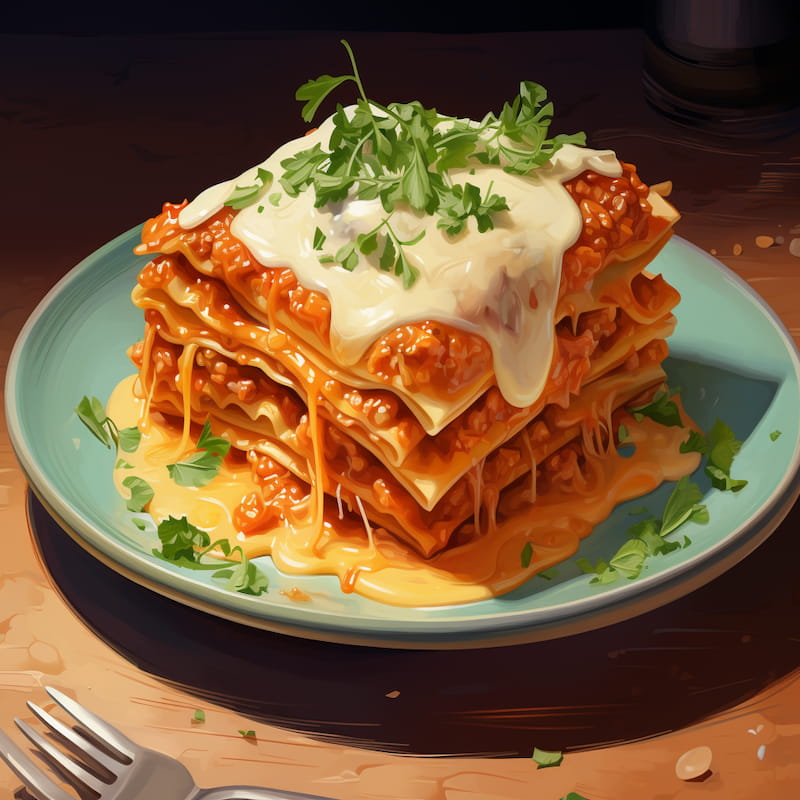 Paint by numbers kit of a cheesy lasagna stack with melted cheese, tomato sauce, and herbs on a plate.