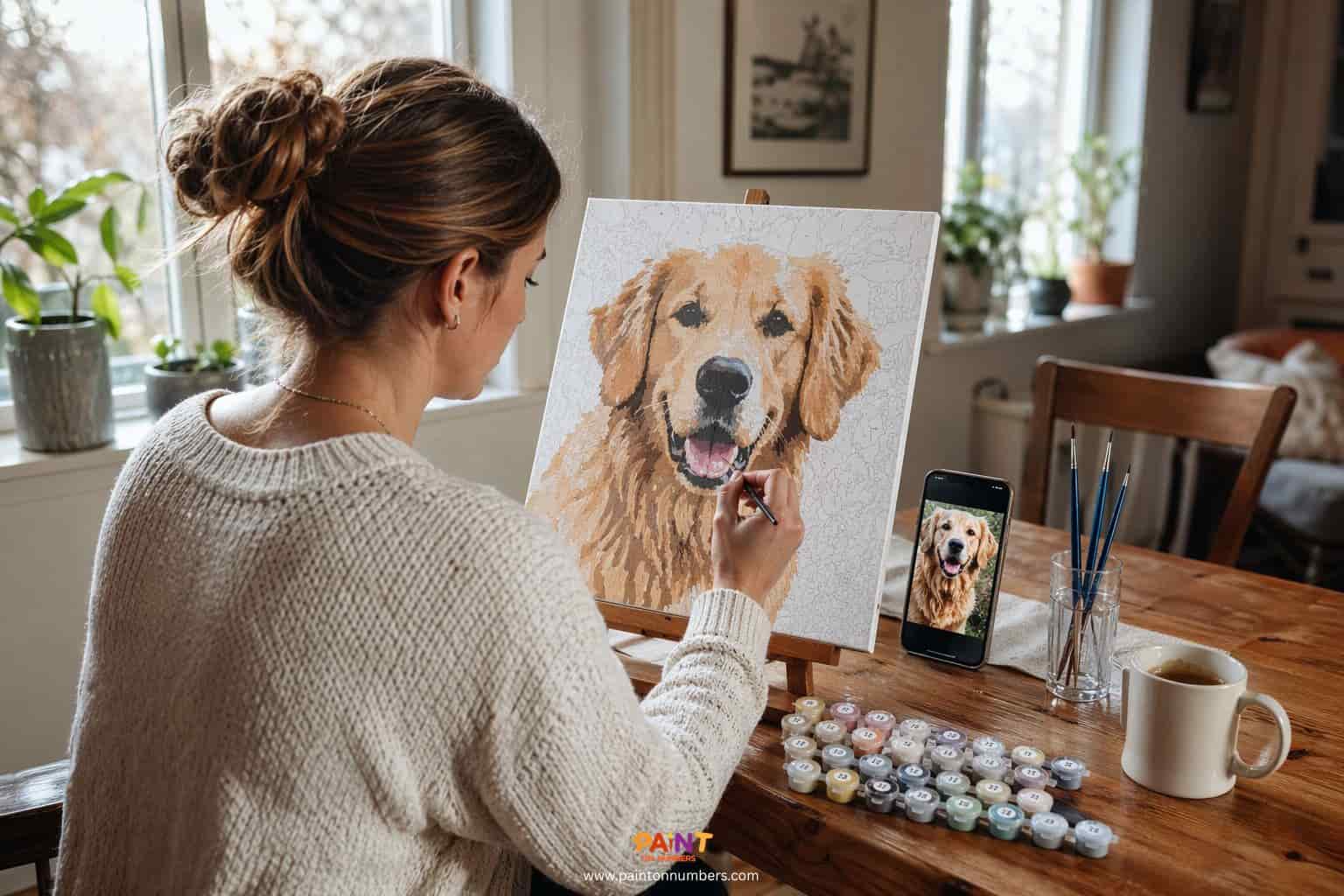 Woman painting a custom paint by numbers portrait of a golden retriever at a wooden table, using a reference photo on her phone with paint pots and brushes nearby in a cozy home setting