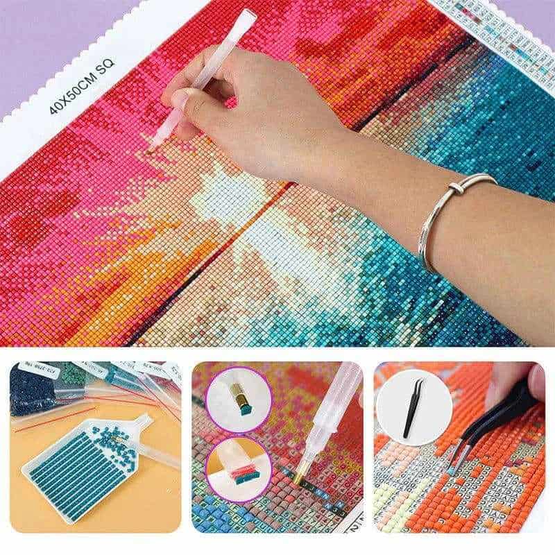 Collage of a diamond painting activity with tools and materials.