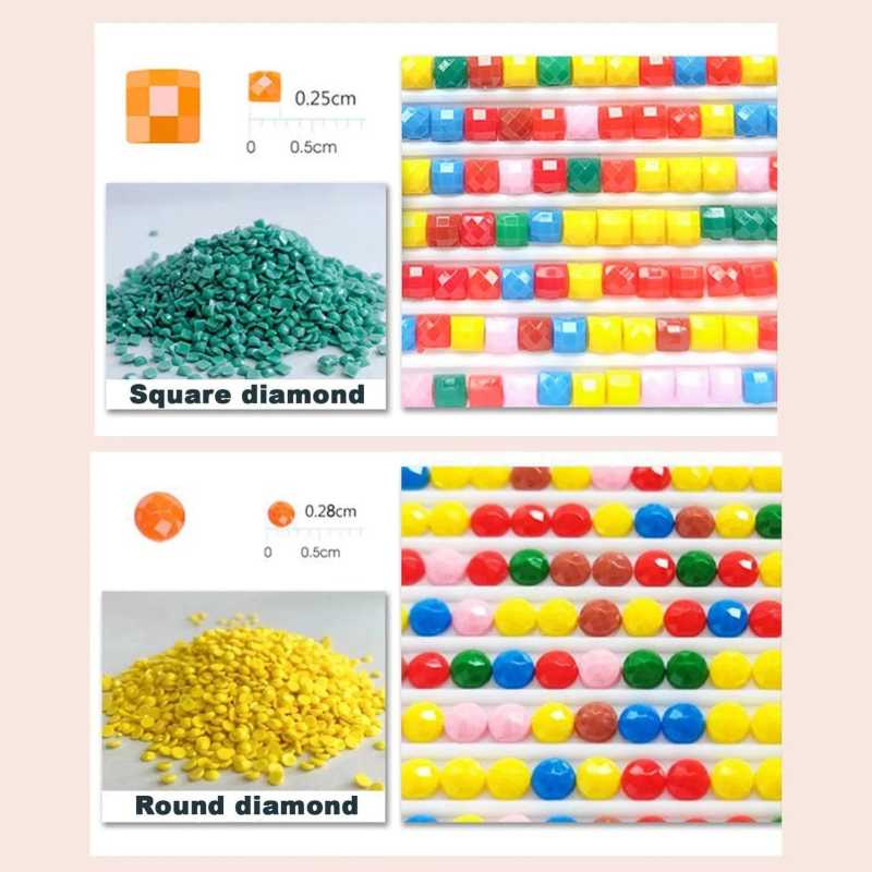 Colorful square and round diamond-shaped beads with measurements on a pink background