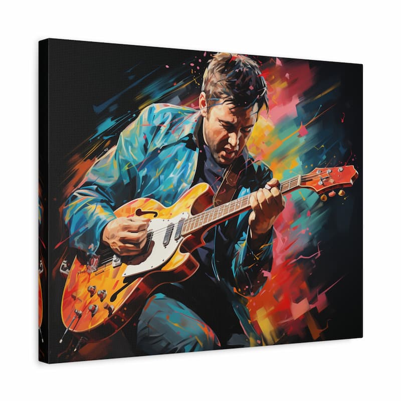 Paint by Numbers kit of a man playing an electric guitar surrounded by vibrant, energetic splashes of color, symbolizing music and passion shown in a frame