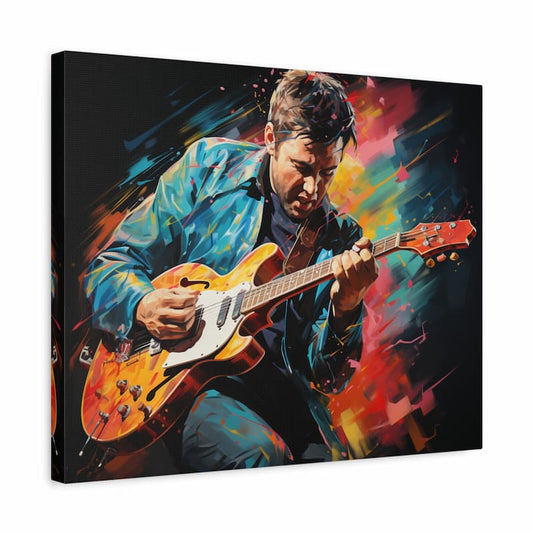 Paint by Numbers kit of a man playing an electric guitar surrounded by vibrant, energetic splashes of color, symbolizing music and passion shown in a frame