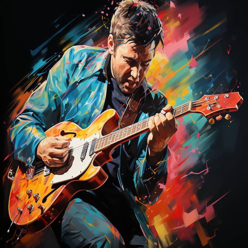 Paint by Numbers kit of a man playing an electric guitar surrounded by vibrant, energetic splashes of color, symbolizing music and passion.
