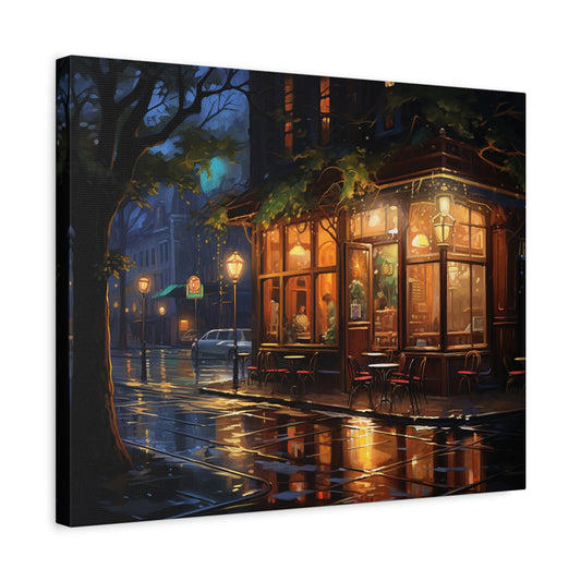 Paint by numbers kit of a glowing café at night with warm lights reflecting on wet cobblestone streets under rainy evening skies shown in a frame