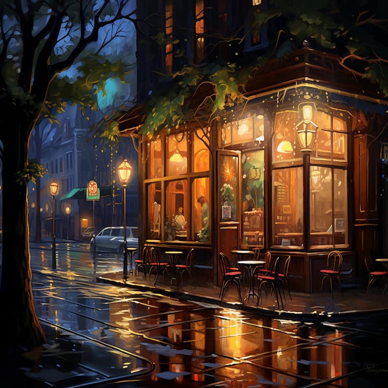 Paint by numbers kit of a glowing café at night with warm lights reflecting on wet cobblestone streets under rainy evening skies.