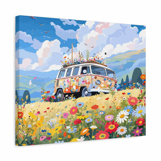flower-power-camper-paint-by-numbers-shown-in-a-frame with a vibrant floral van surrounded by wildflowers under a bright blue sky.