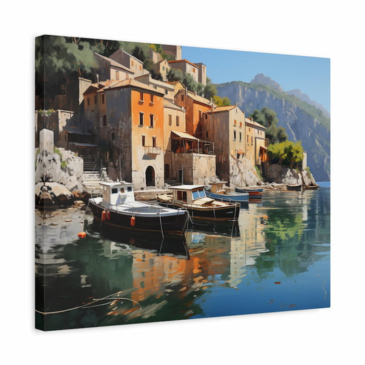 Paint by numbers kit of a Mediterranean harbor town with rustic houses and boats reflecting on calm water shown in a frame