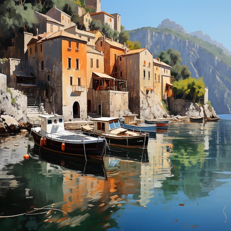 Paint by numbers kit of a Mediterranean harbor town with rustic houses and boats reflecting on calm water.