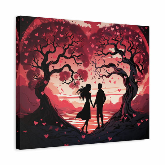 Paint by numbers kit of a romantic couple under heart-shaped trees with pink sunset sky and floating hearts shown in a frame