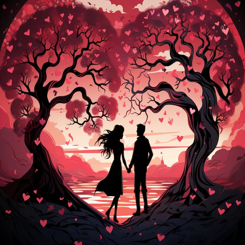 Paint by numbers kit of a romantic couple under heart-shaped trees with pink sunset sky and floating hearts.