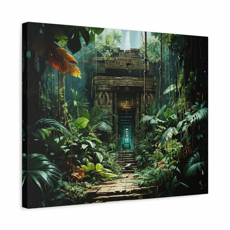 Paint by numbers kit of an ancient jungle temple with stone carvings, lush green plants, and a glowing entrance shown in a frame