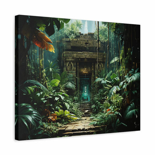 Paint by numbers kit of an ancient jungle temple with stone carvings, lush green plants, and a glowing entrance shown in a frame