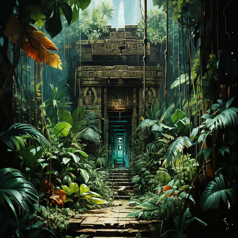 Paint by numbers kit of an ancient jungle temple with stone carvings, lush green plants, and a glowing entrance.
