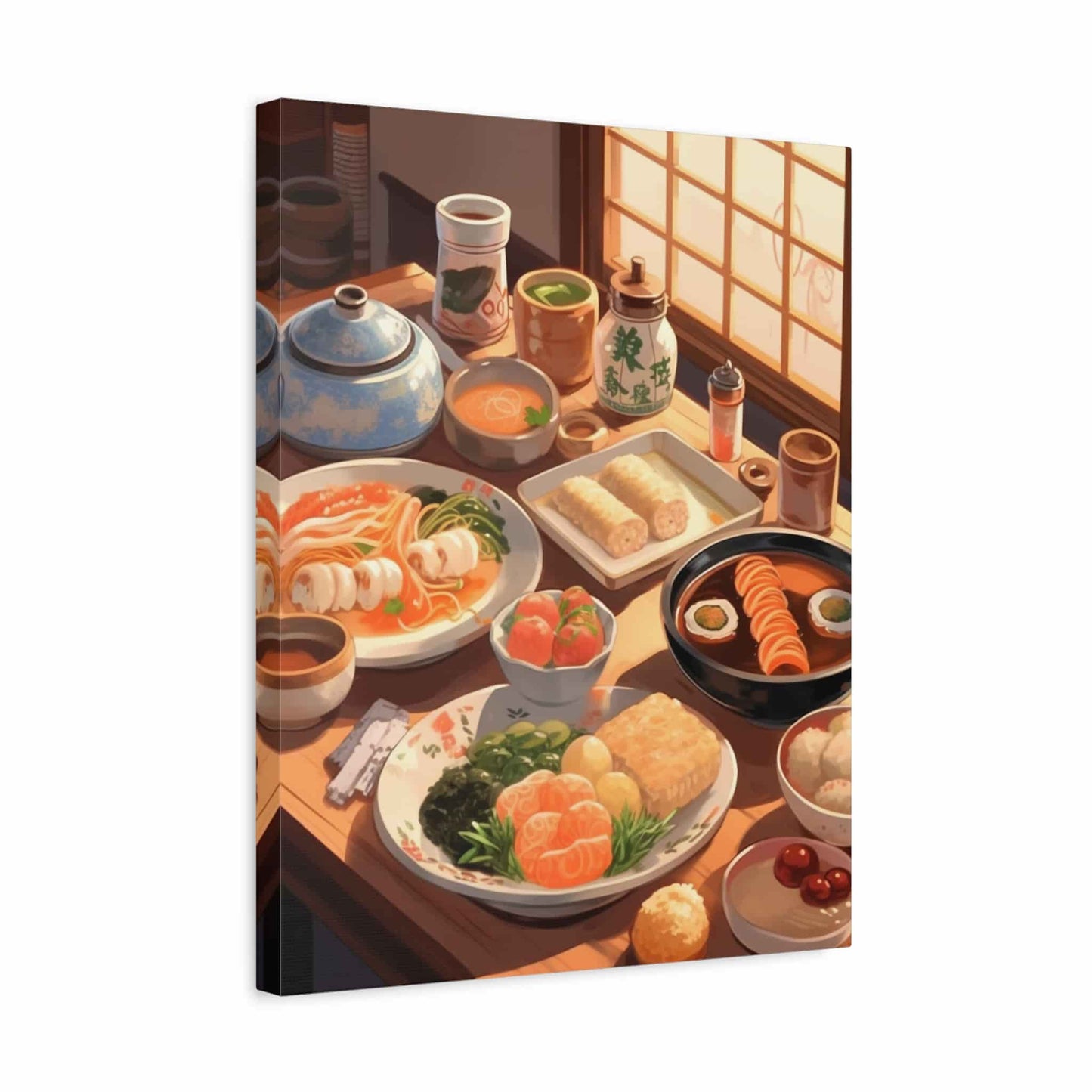 Paint by numbers kit of a traditional Japanese feast with sushi, noodles, soup, vegetables, and tea on a wooden table by shoji screens shown in a frame