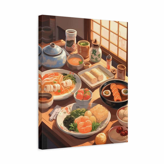 Paint by numbers kit of a traditional Japanese feast with sushi, noodles, soup, vegetables, and tea on a wooden table by shoji screens shown in a frame