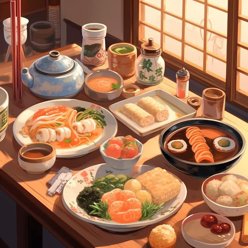 Paint by numbers kit of a traditional Japanese feast with sushi, noodles, soup, vegetables, and tea on a wooden table by shoji screens.