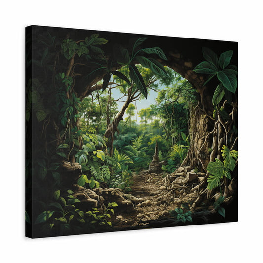 Paint by numbers kit of a jungle path framed by tree roots and dense green leaves, leading into a lush rainforest shown in a frame