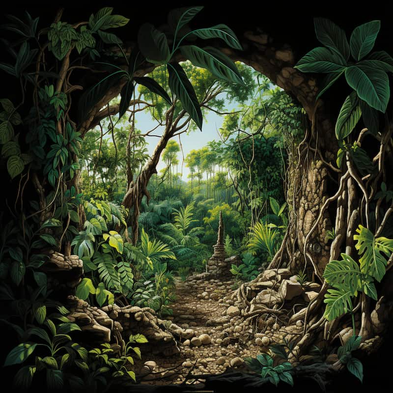 Paint by numbers kit of a jungle path framed by tree roots and dense green leaves, leading into a lush rainforest.