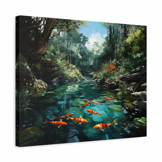 Paint by numbers kit of a koi pond with bright orange koi fish swimming among lily pads, surrounded by lush forest and wildflowers shown in a frame