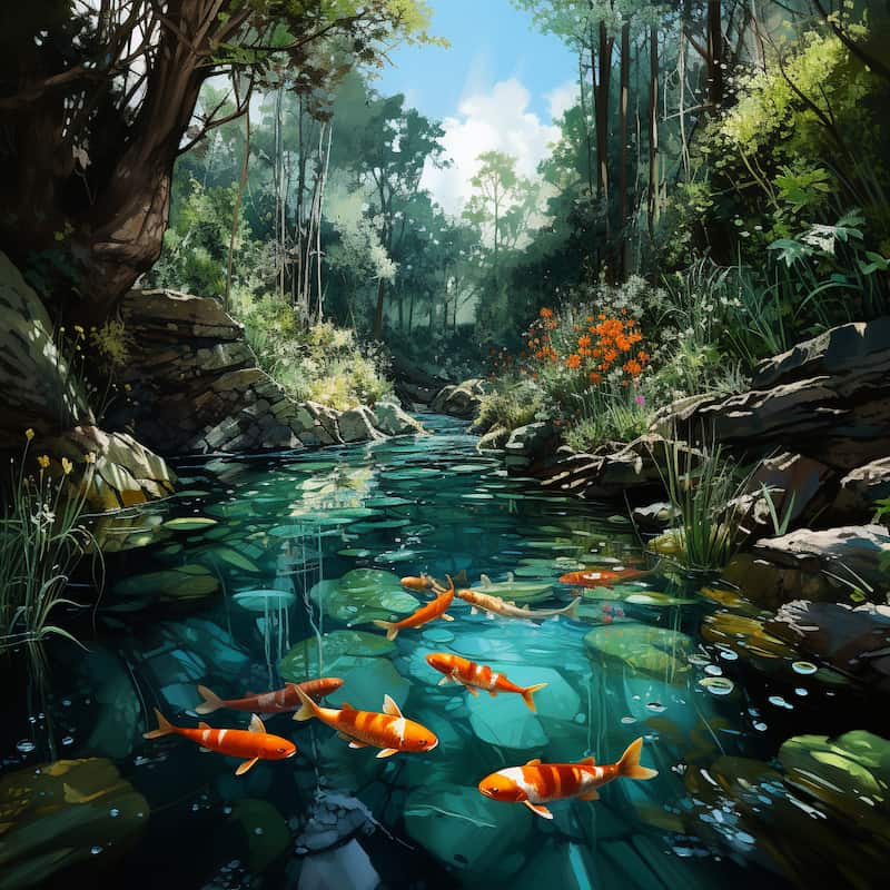 Paint by numbers kit of a koi pond with bright orange koi fish swimming among lily pads, surrounded by lush forest and wildflowers.