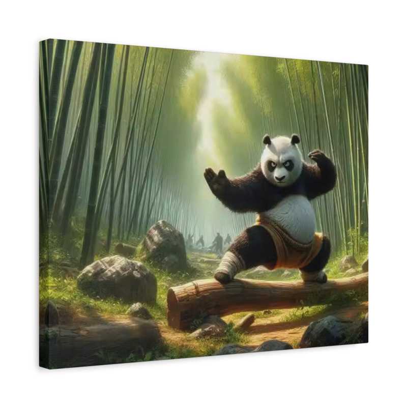Panda character from 'Kung Fu Panda' standing on a log in a bamboo forest