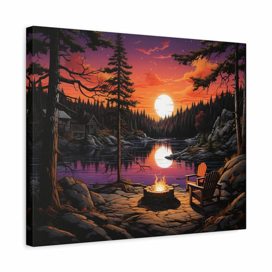 Paint by numbers kit of a lakeside sunset with a glowing fire pit, wooden chairs, pine trees, and vivid reflections on the water shown in a frame