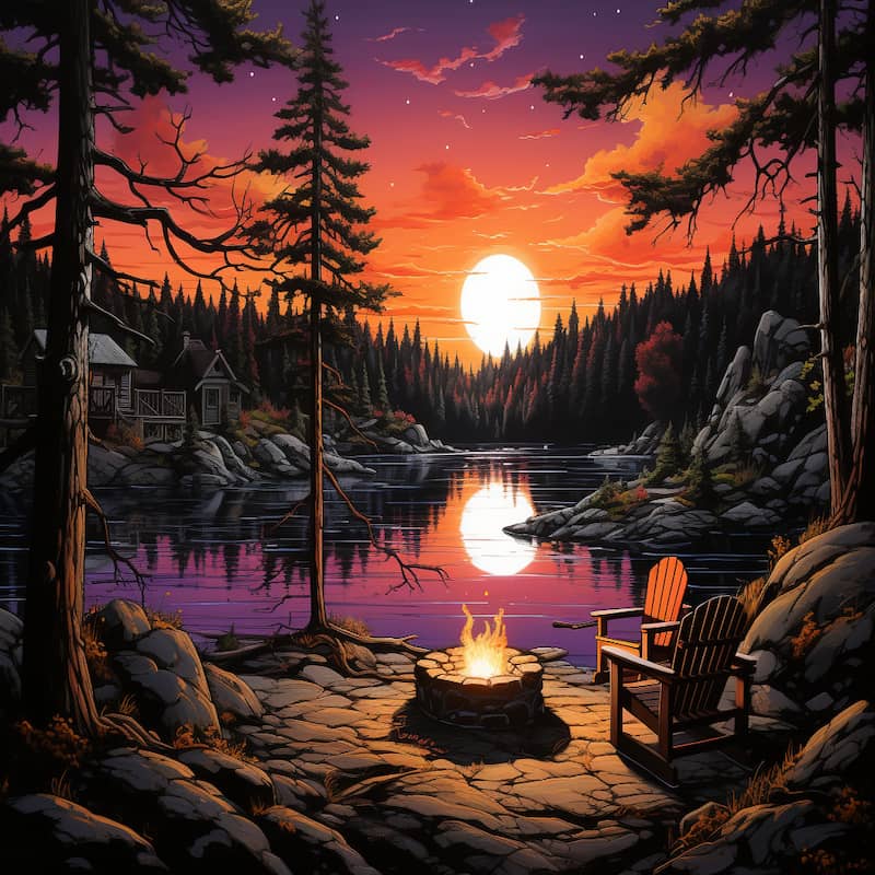 Paint by numbers kit of a lakeside sunset with a glowing fire pit, wooden chairs, pine trees, and vivid reflections on the water.