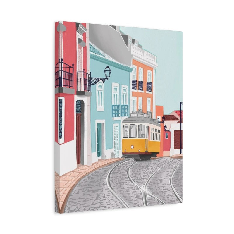 Canvas print of a colorful street scene with a tram and buildings.