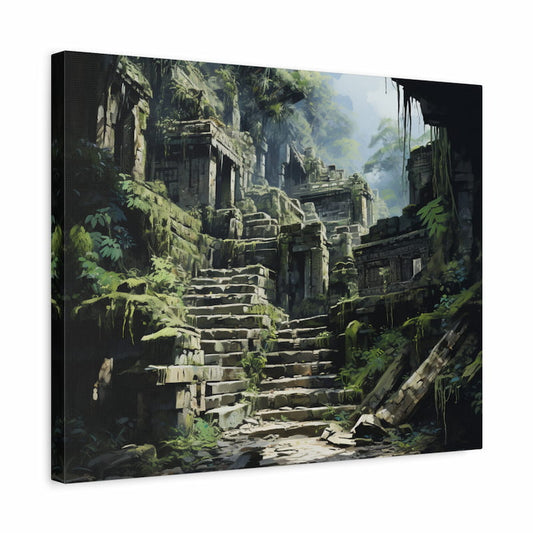 Paint by numbers kit of a moss-covered ancient temple with stone stairways and ruins surrounded by dense jungle foliage shown in a frame