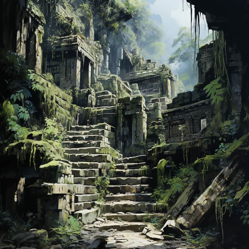 Paint by numbers kit of a moss-covered ancient temple with stone stairways and ruins surrounded by dense jungle foliage.