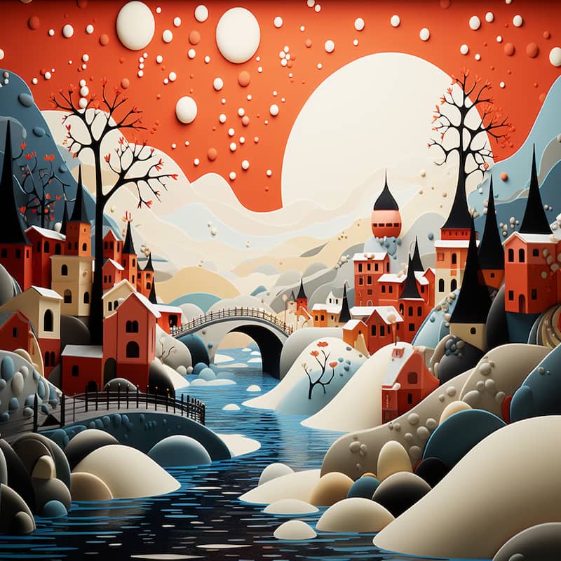 Paint by numbers artwork of a whimsical village under a glowing moon with bridges, trees, and river scenery.