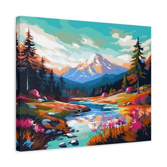 Paint by numbers mountain landscape with a snow-capped peak, river, forest, and colorful meadows shown in a frame.