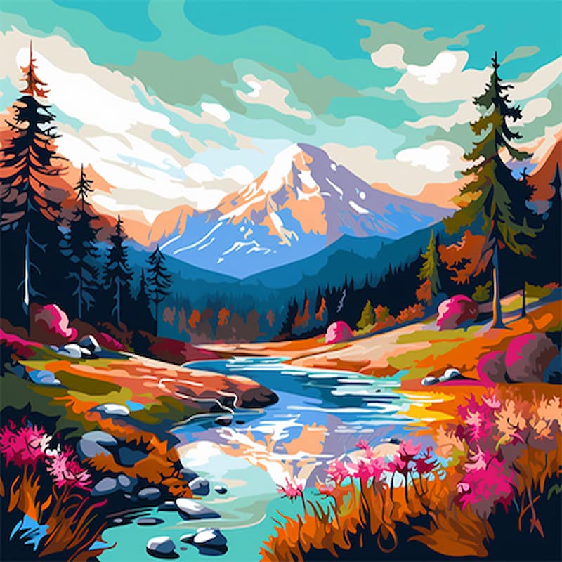 Paint by numbers mountain landscape with a snow-capped peak, river, forest, and colorful meadows.