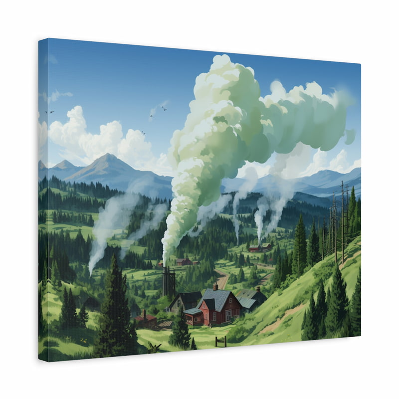 Paint by numbers kit of a mountain valley with cottages, pine forests, rolling hills, and smoke rising into the clear blue sky shown in a frame