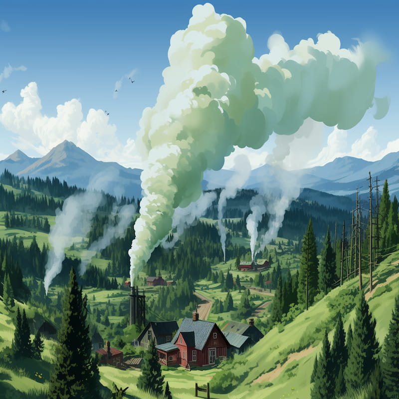 Paint by numbers kit of a mountain valley with cottages, pine forests, rolling hills, and smoke rising into the clear blue sky.