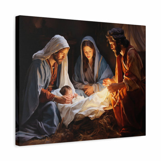 Paint by numbers kit of the Nativity Scene featuring Mary, Joseph, baby Jesus, and a glowing manger moment shown in a frame