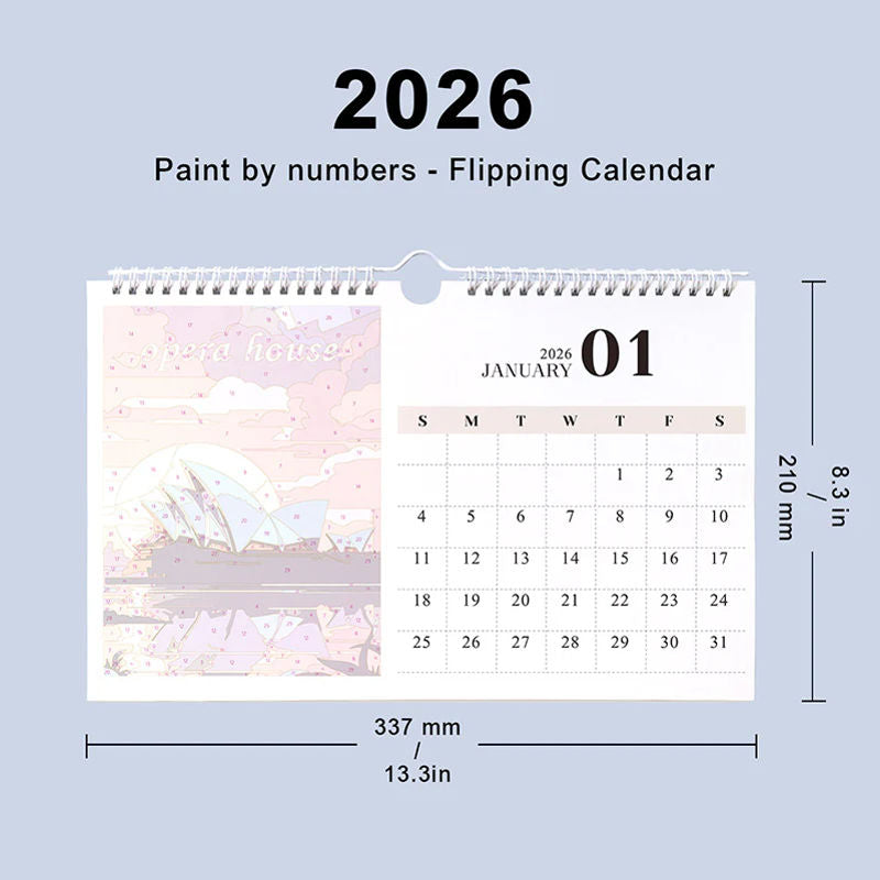 2026 Paint by numbers flipping calendar with dimensions on a light blue background