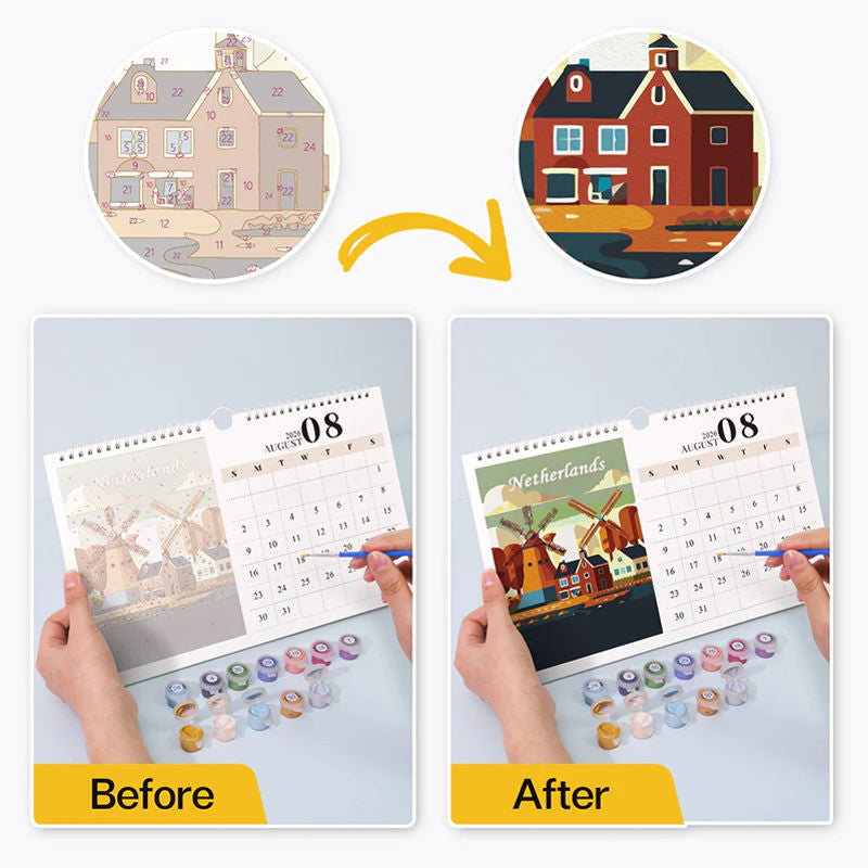 Before and after comparison of a calendar with a house illustration on a white background.