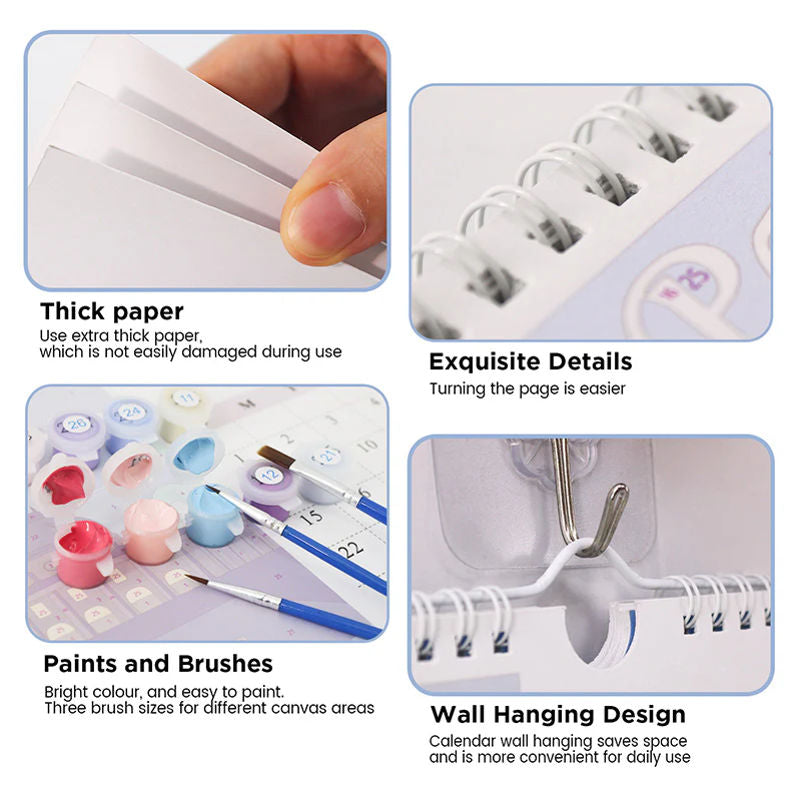 Product features including thick paper, exquisite details, paints and brushes, and wall hanging design.