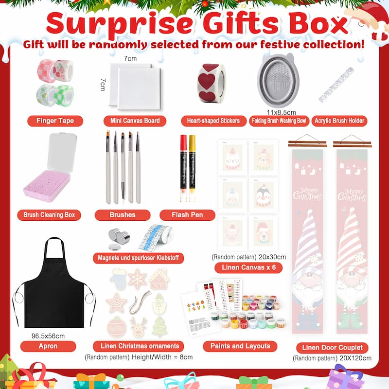 Surprise gifts box with various items including a mini canvas board, heart-shaped stickers, and a linen Christmas ornament set.