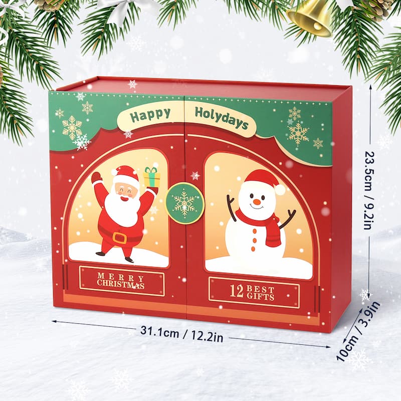 Christmas-themed packaging with Santa Claus and snowman illustration, surrounded by festive decorations.