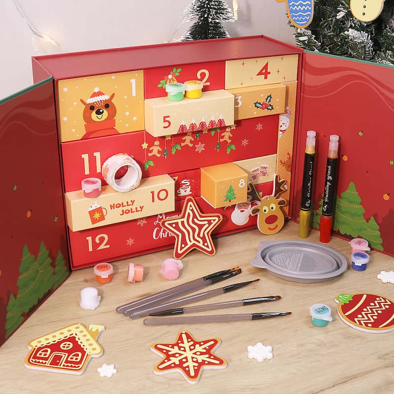 Red Christmas advent calendar with decorative items on a wooden surface